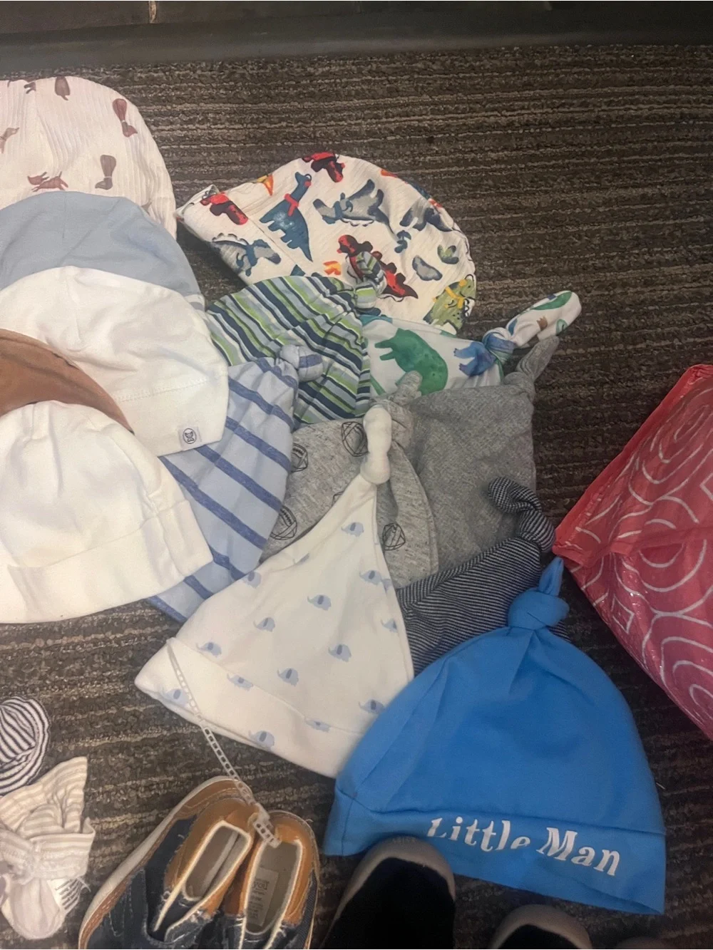 70pc bundled lot of newborn to 12 months boys socks, beanies, caps and shoes